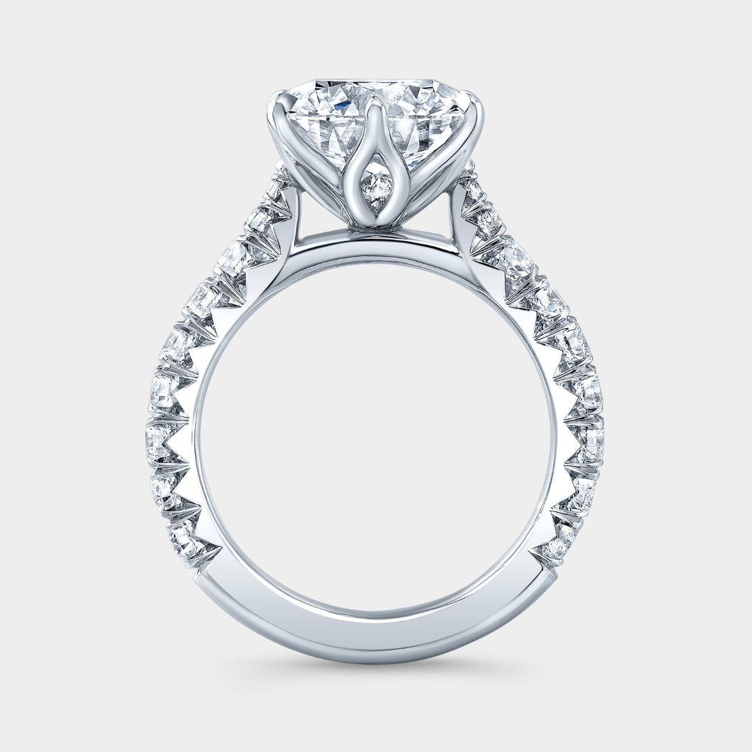 Round Diamond Tulip Tapered Cathedral with French Pave Platinum Engagement Ring