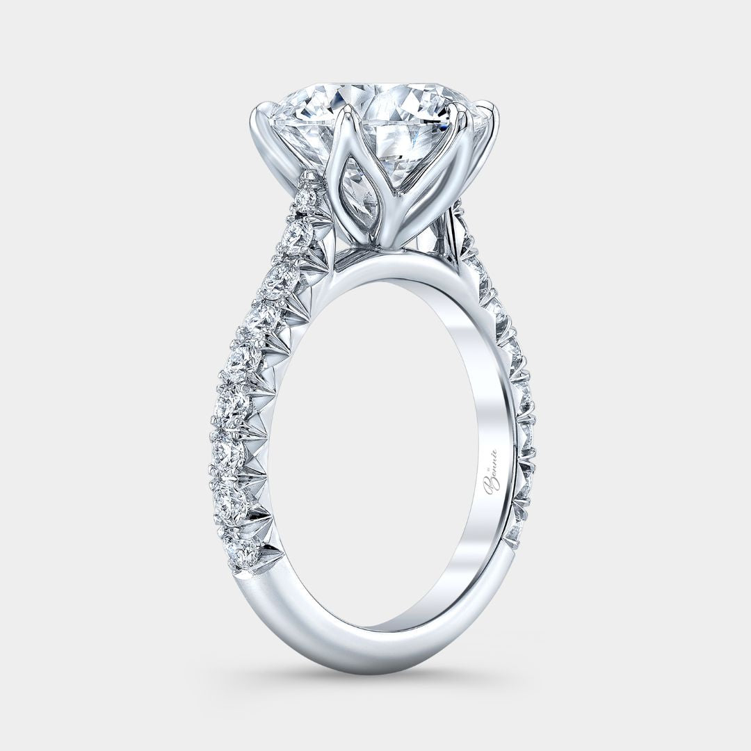 Round Diamond Tulip Tapered Cathedral with French Pave Platinum Engagement Ring