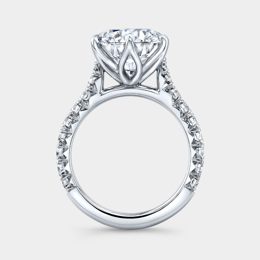 Round Diamond Tulip Tapered Cathedral with French Pave Platinum Engagement Ring