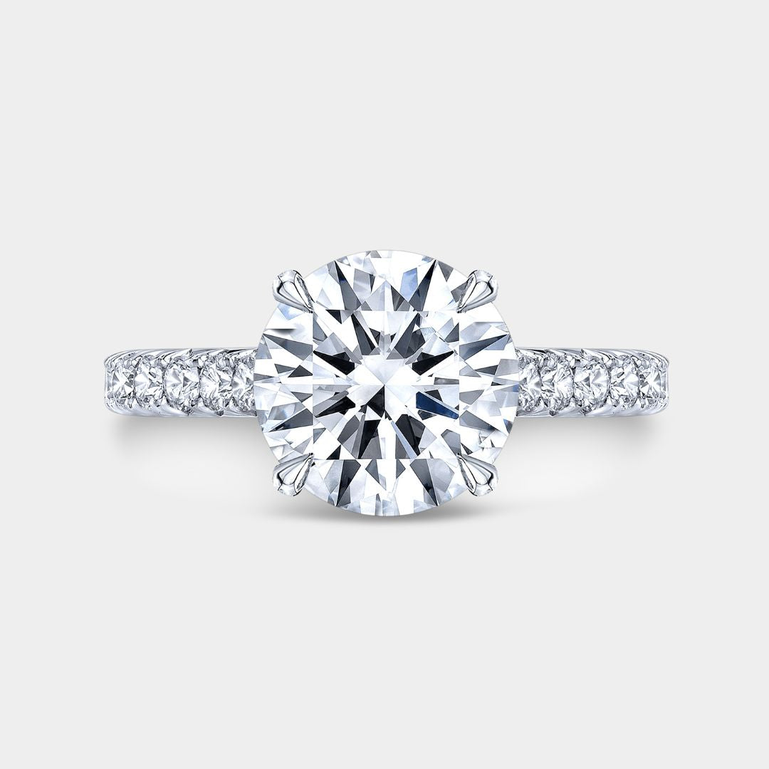 Round Diamond Hidden Halo Tapered Cathedral French Pave White Gold Engagement Ring
