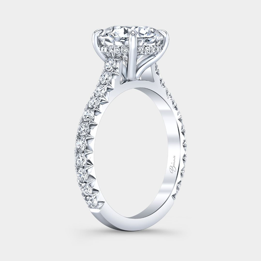 Round Diamond Hidden Halo Tapered Cathedral French Pave White Gold Engagement Ring