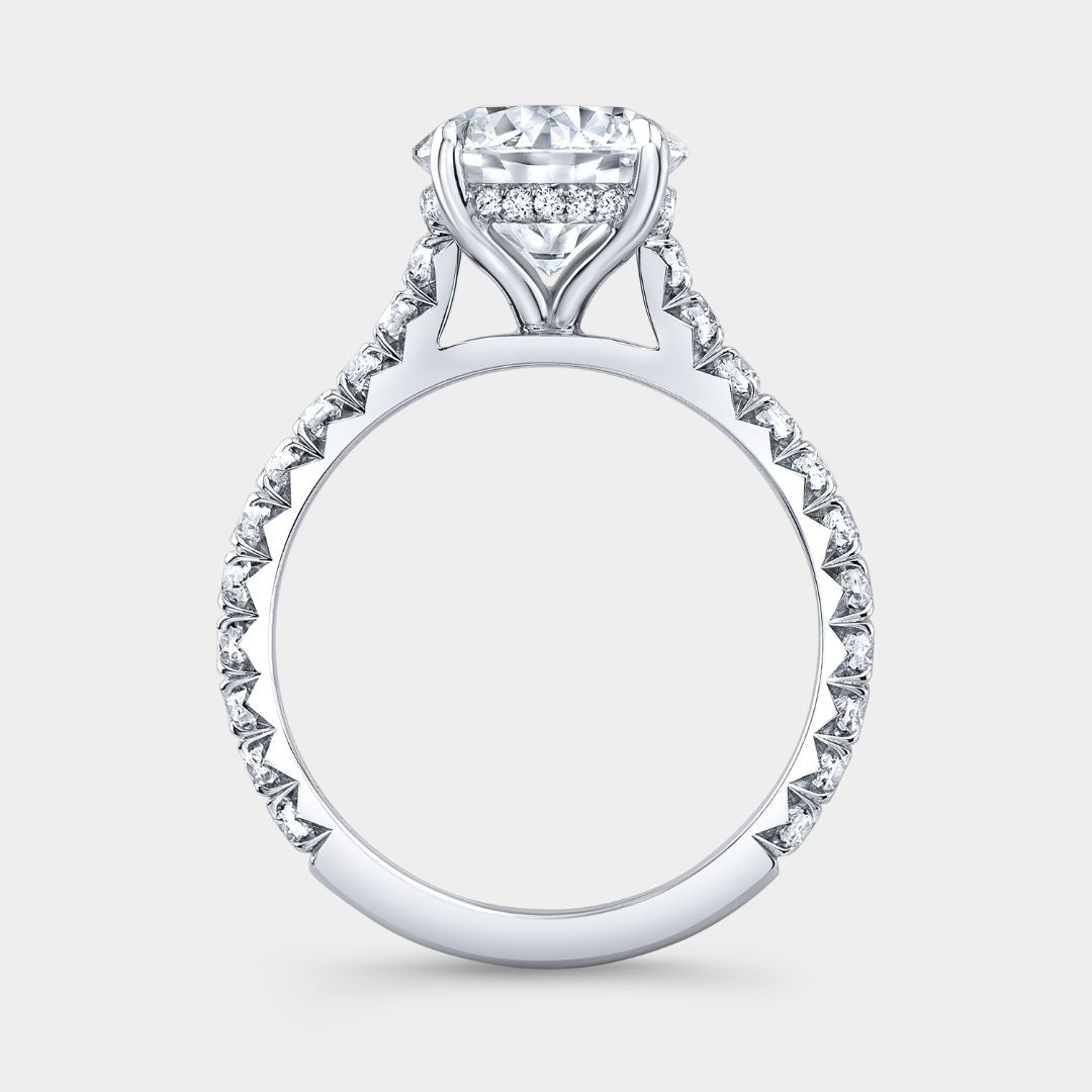 Round Diamond Hidden Halo Tapered Cathedral French Pave White Gold Engagement Ring