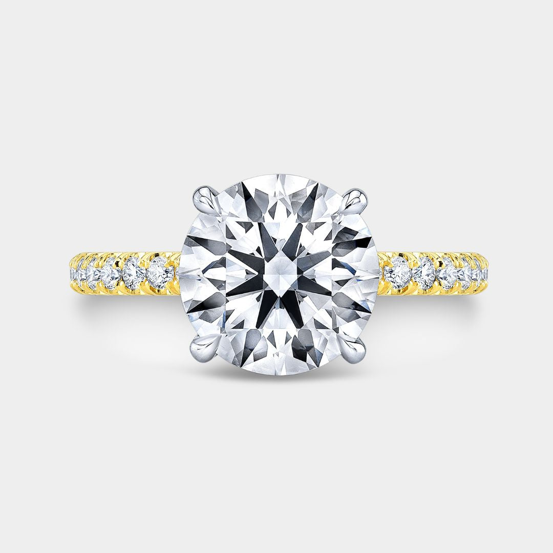 Round Diamond 4 Prong Hidden Halo French Pave Yellow Gold And Platinum Engagement Ring