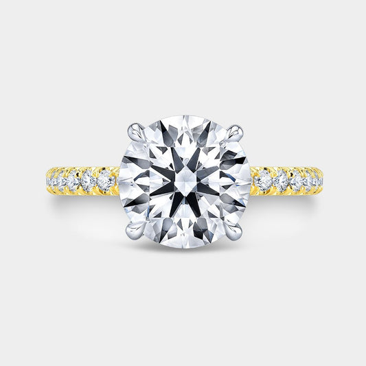 Round Diamond 4 Prong Hidden Halo French Pave Yellow Gold And Platinum Engagement Ring
