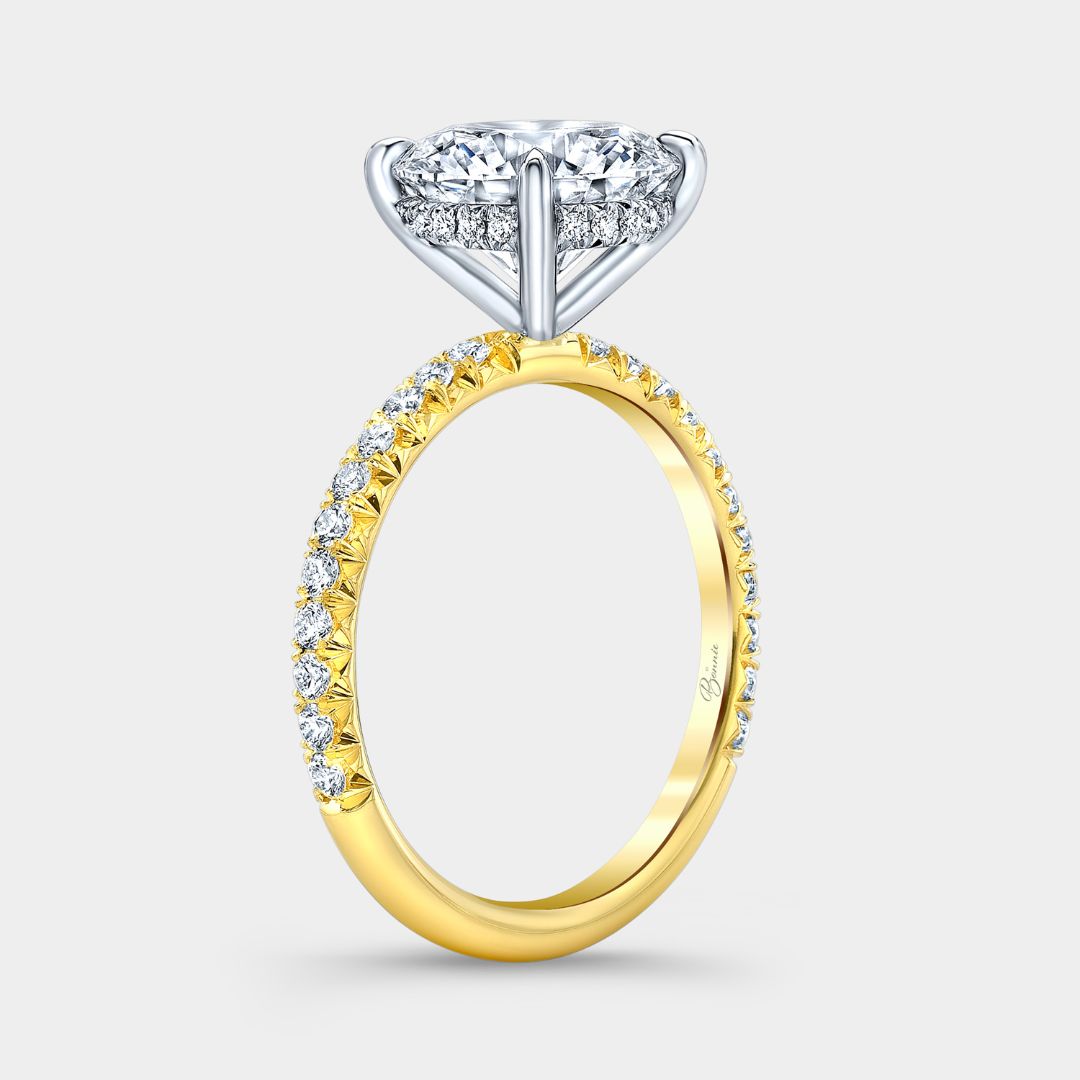 Round Diamond 4 Prong Hidden Halo French Pave Yellow Gold And Platinum Engagement Ring