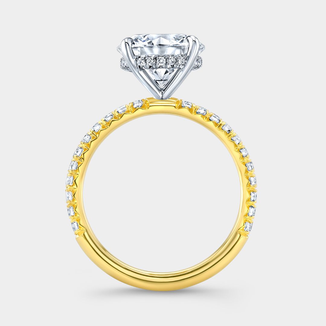Round Diamond 4 Prong Hidden Halo French Pave Yellow Gold And Platinum Engagement Ring