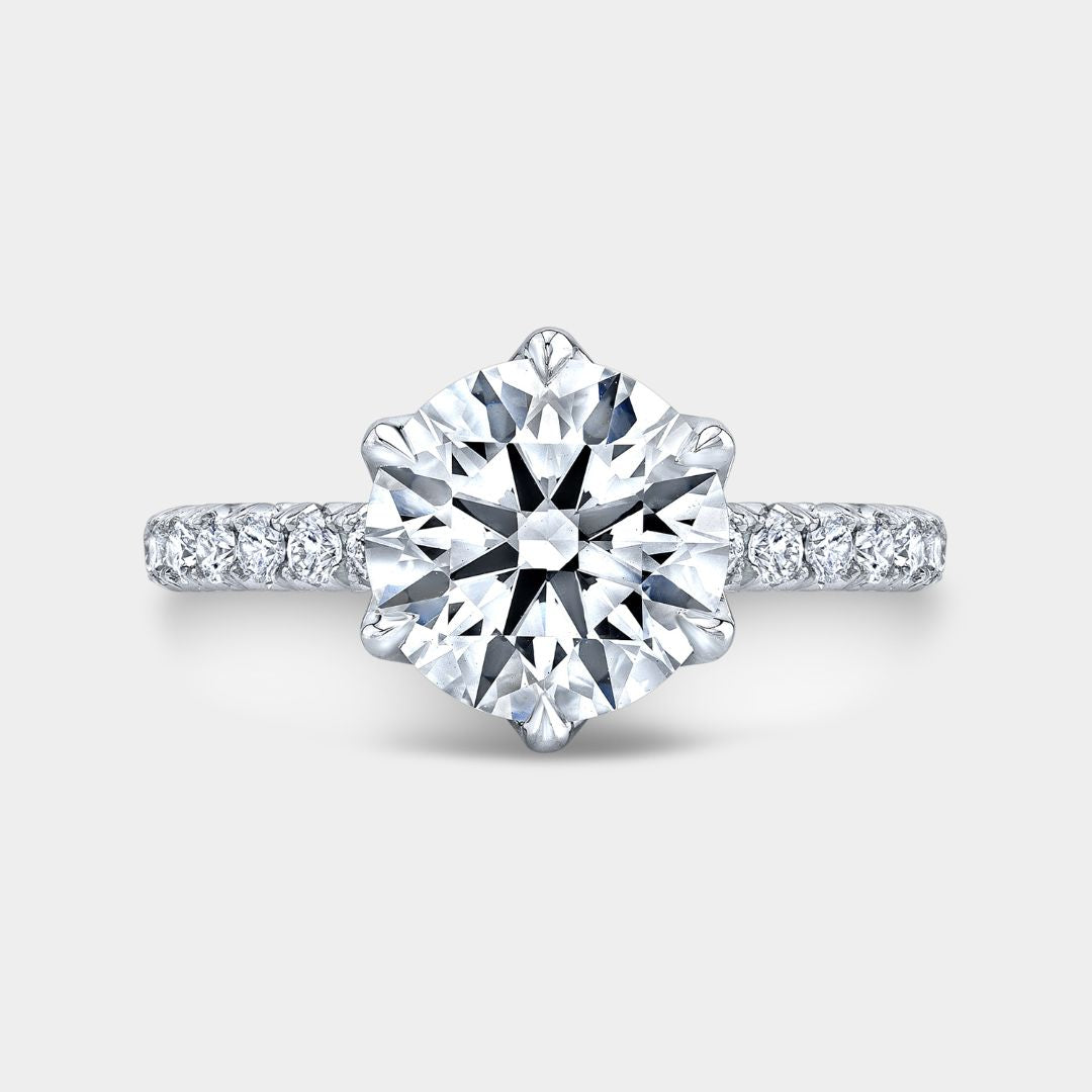 Round Diamond 6 Prong Tulip French Pave White Gold Engagement Ring
