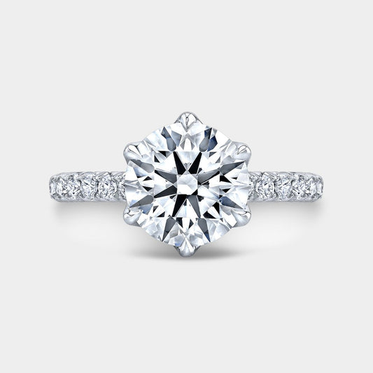 Round Diamond 6 Prong Tulip French Pave White Gold Engagement Ring