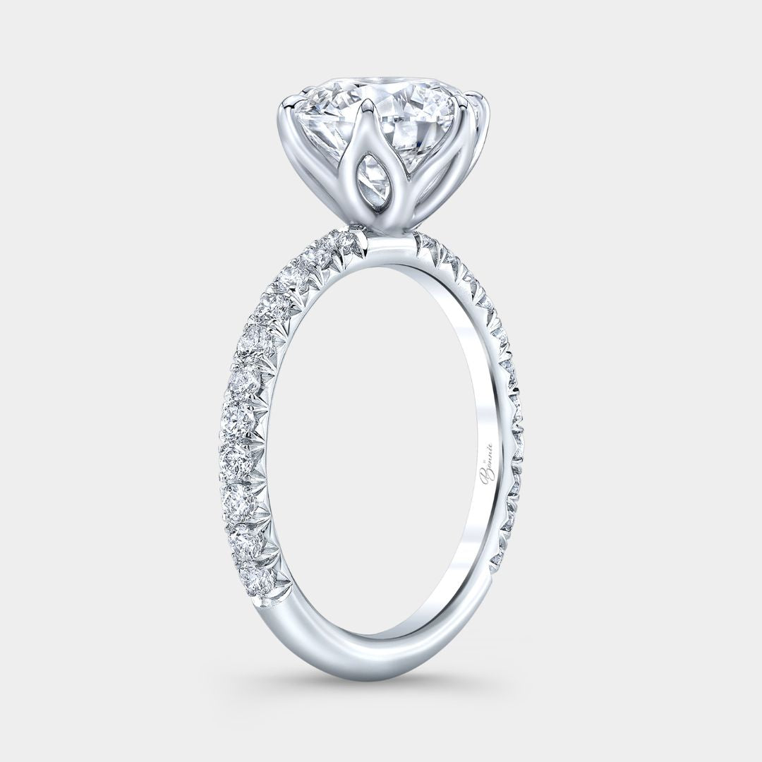 Round Diamond 6 Prong Tulip French Pave White Gold Engagement Ring