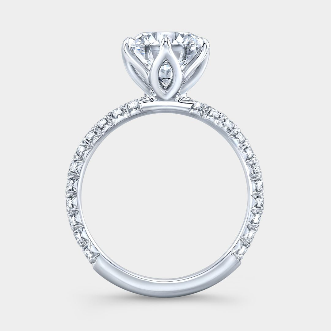 Round Diamond 6 Prong Tulip French Pave White Gold Engagement Ring