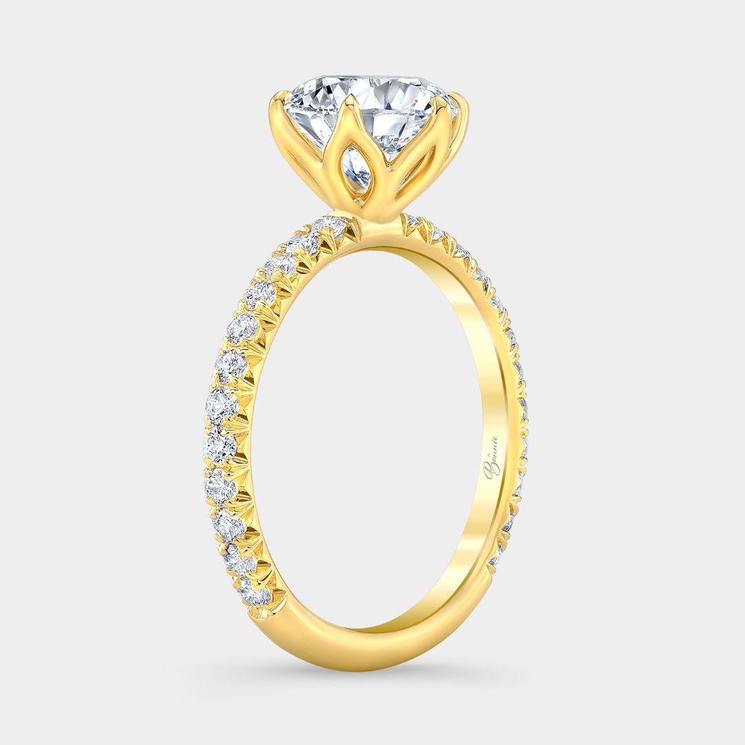 Round Diamond 6 Prong Tulip French Pave Yellow Gold Engagement Ring