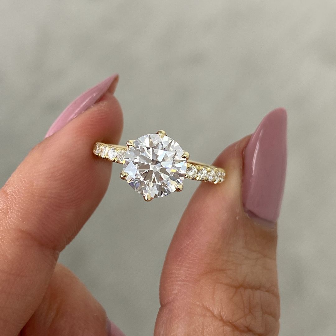 Round Diamond 6 Prong Tulip French Pave Yellow Gold Engagement Ring