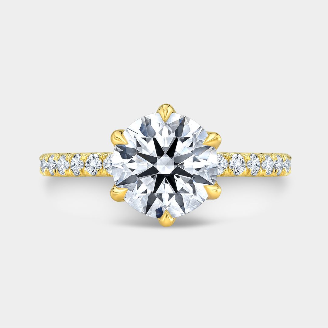 Round Diamond 6 Prong Tulip French Pave Yellow Gold Engagement Ring