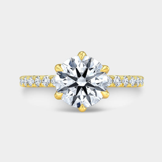 Round Diamond 6 Prong Tulip French Pave Yellow Gold Engagement Ring