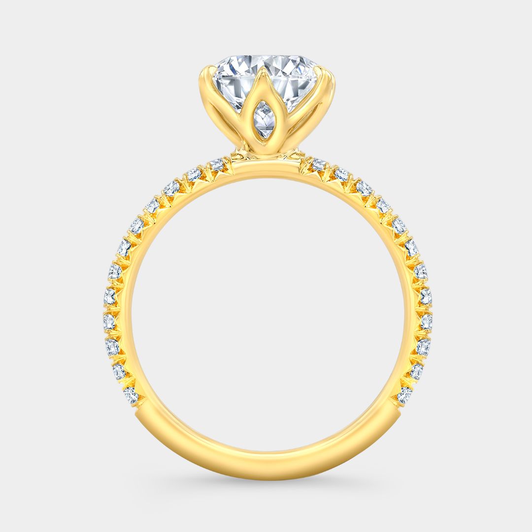 Round Diamond 6 Prong Tulip French Pave Yellow Gold Engagement Ring
