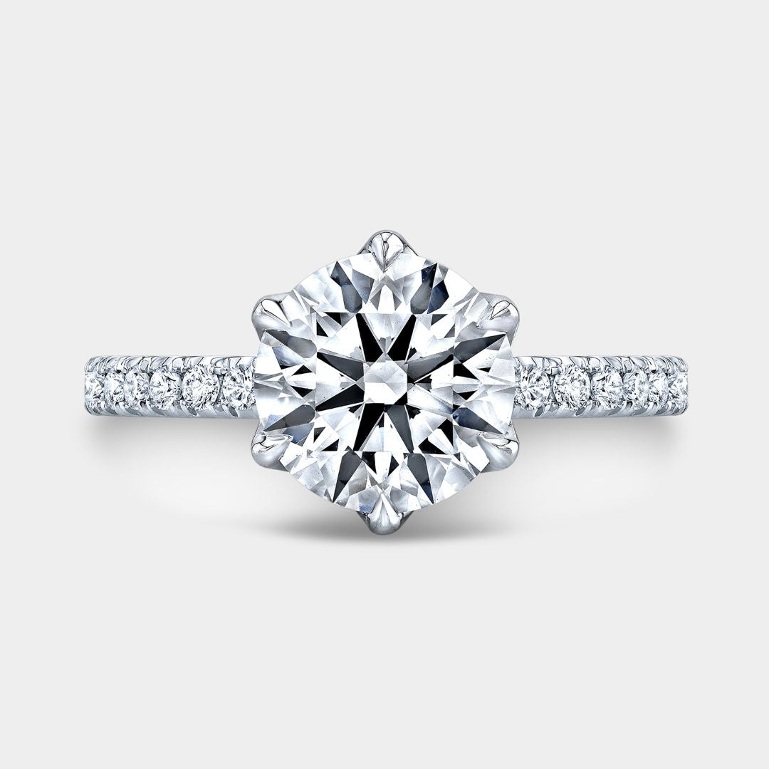 Round Diamond 6 Prong Tulip French Pave Platinum Engagement Ring