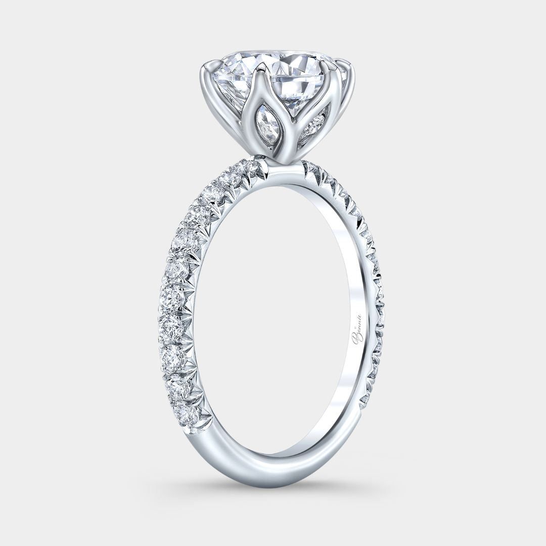 Round Diamond 6 Prong Tulip French Pave Platinum Engagement Ring