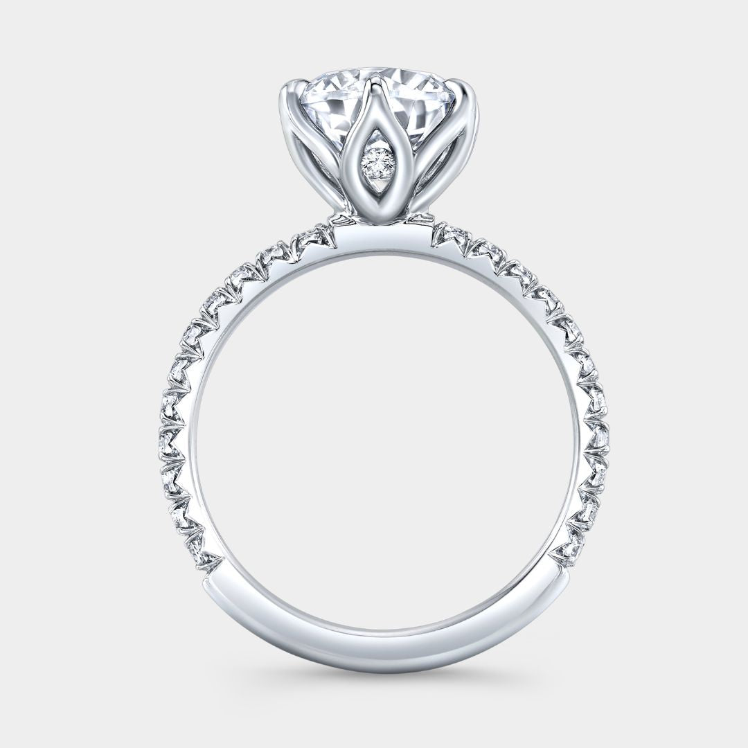 Round Diamond 6 Prong Tulip French Pave Platinum Engagement Ring