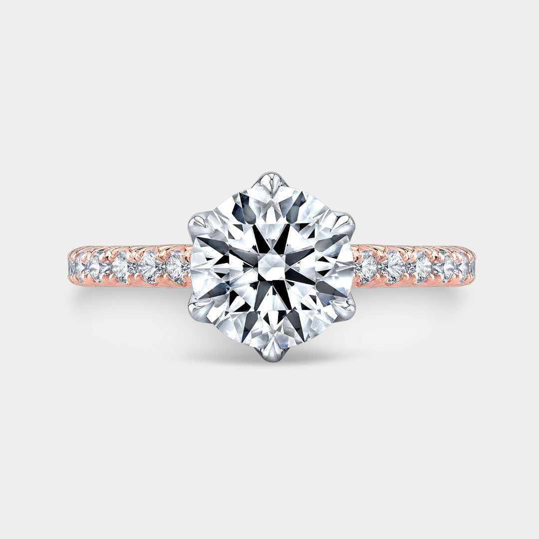 Round Diamond 6 Prong Tulip French Pave Rose Gold And Platinum Engagement Ring