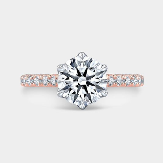 Round Diamond 6 Prong Tulip French Pave Rose Gold And Platinum Engagement Ring