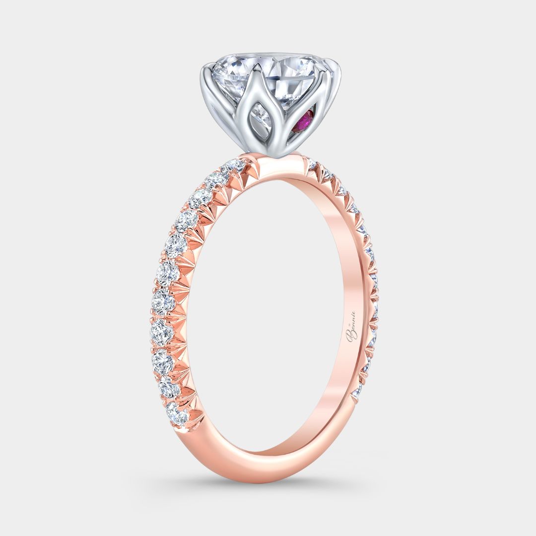 Round Diamond 6 Prong Tulip French Pave Rose Gold And Platinum Engagement Ring