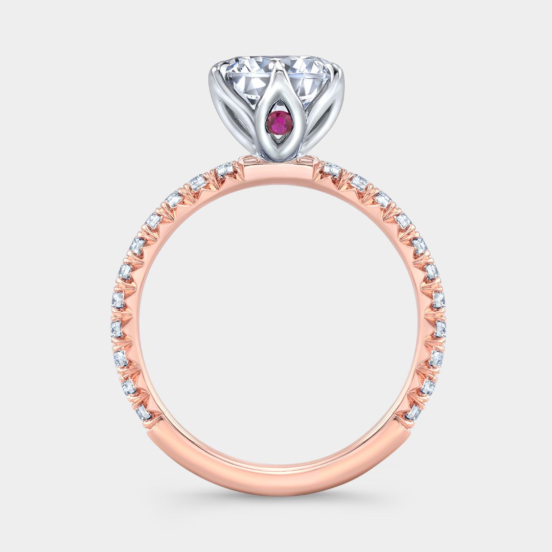 Round Diamond 6 Prong Tulip French Pave Rose Gold And Platinum Engagement Ring