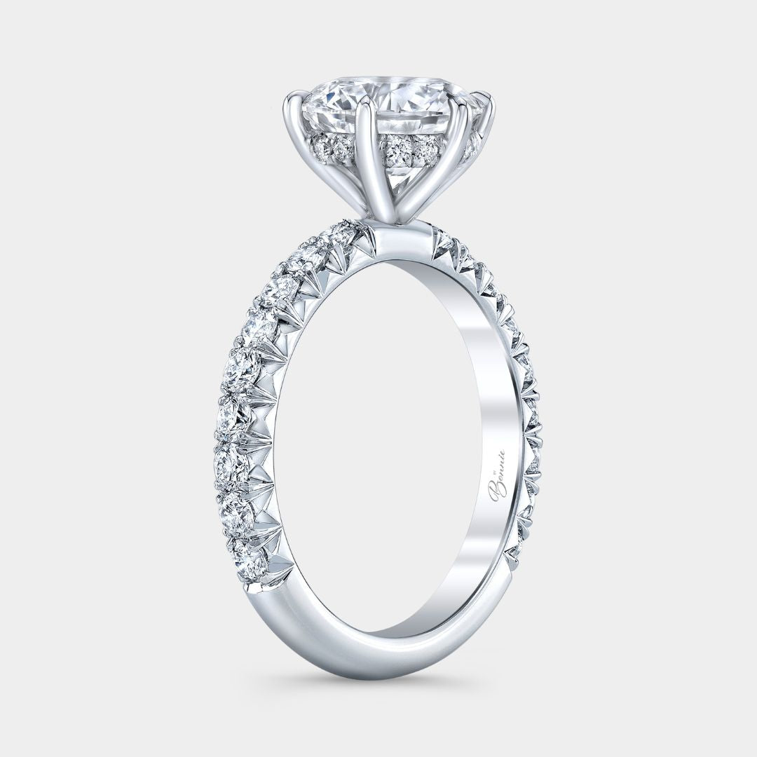 Round Diamond 6 Prong Hidden Halo French Pave Platinum Engagement Ring