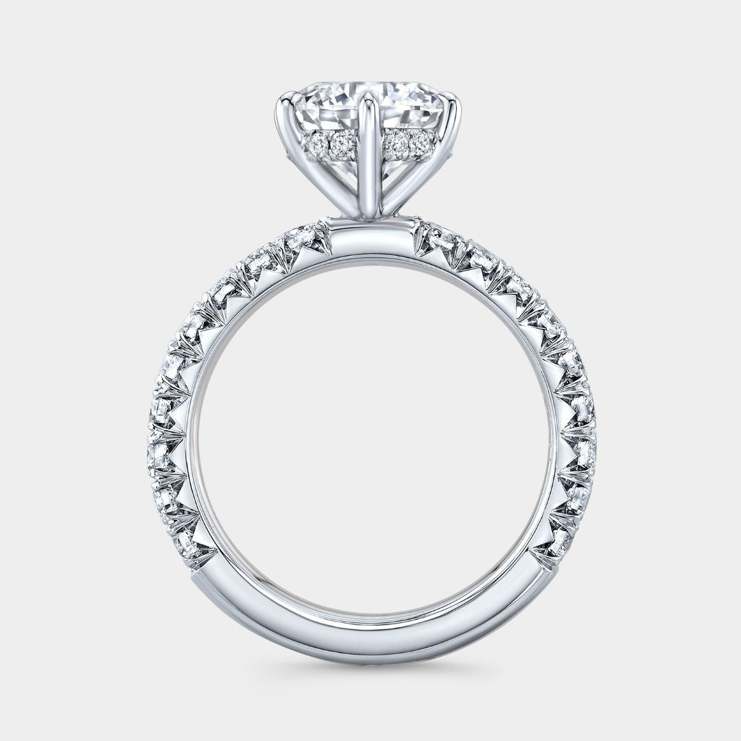 Round Diamond 6 Prong Hidden Halo French Pave Platinum Engagement Ring