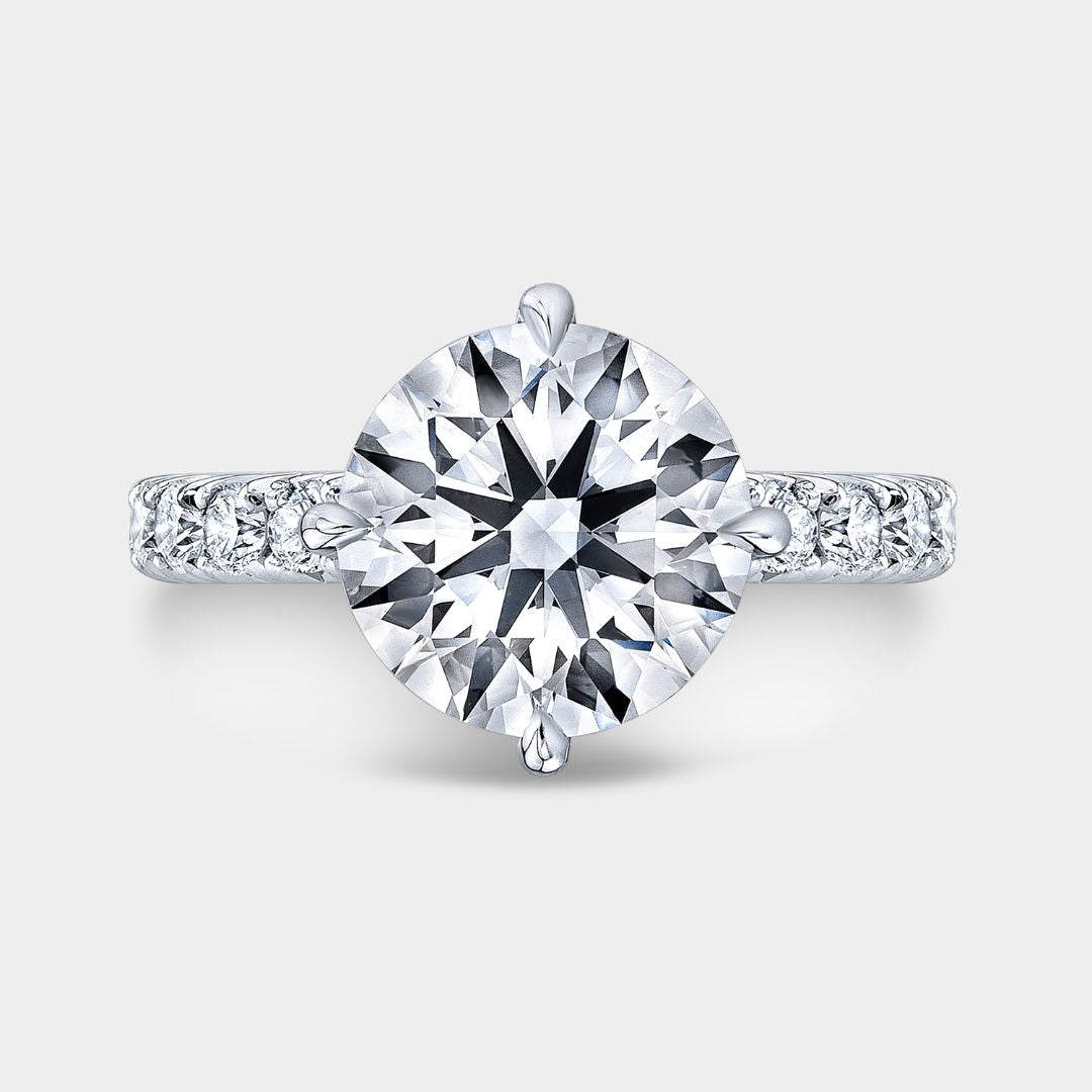 Round Diamond North South Prong Tulip Tapered Cathedral French Pave Platinum Engagement Ring