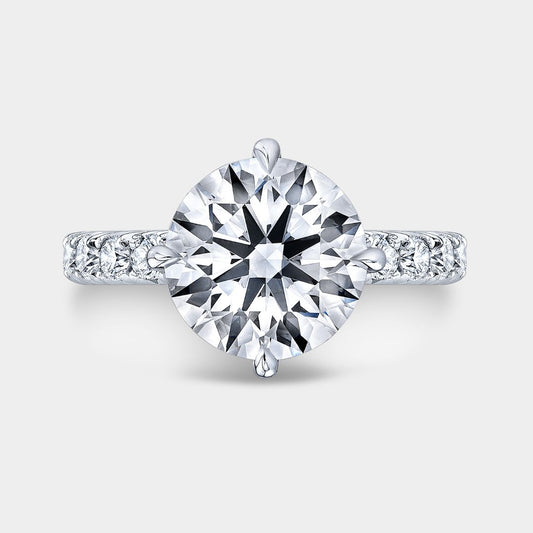 Round Diamond North South Prong Tulip Tapered Cathedral French Pave Platinum Engagement Ring