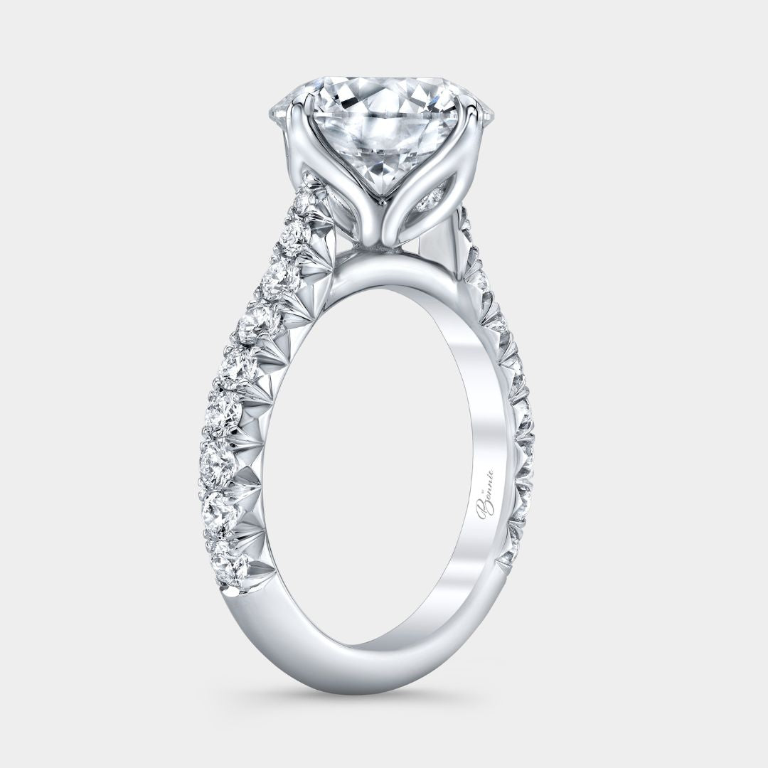 Round Diamond North South Prong Tulip Tapered Cathedral French Pave Platinum Engagement Ring