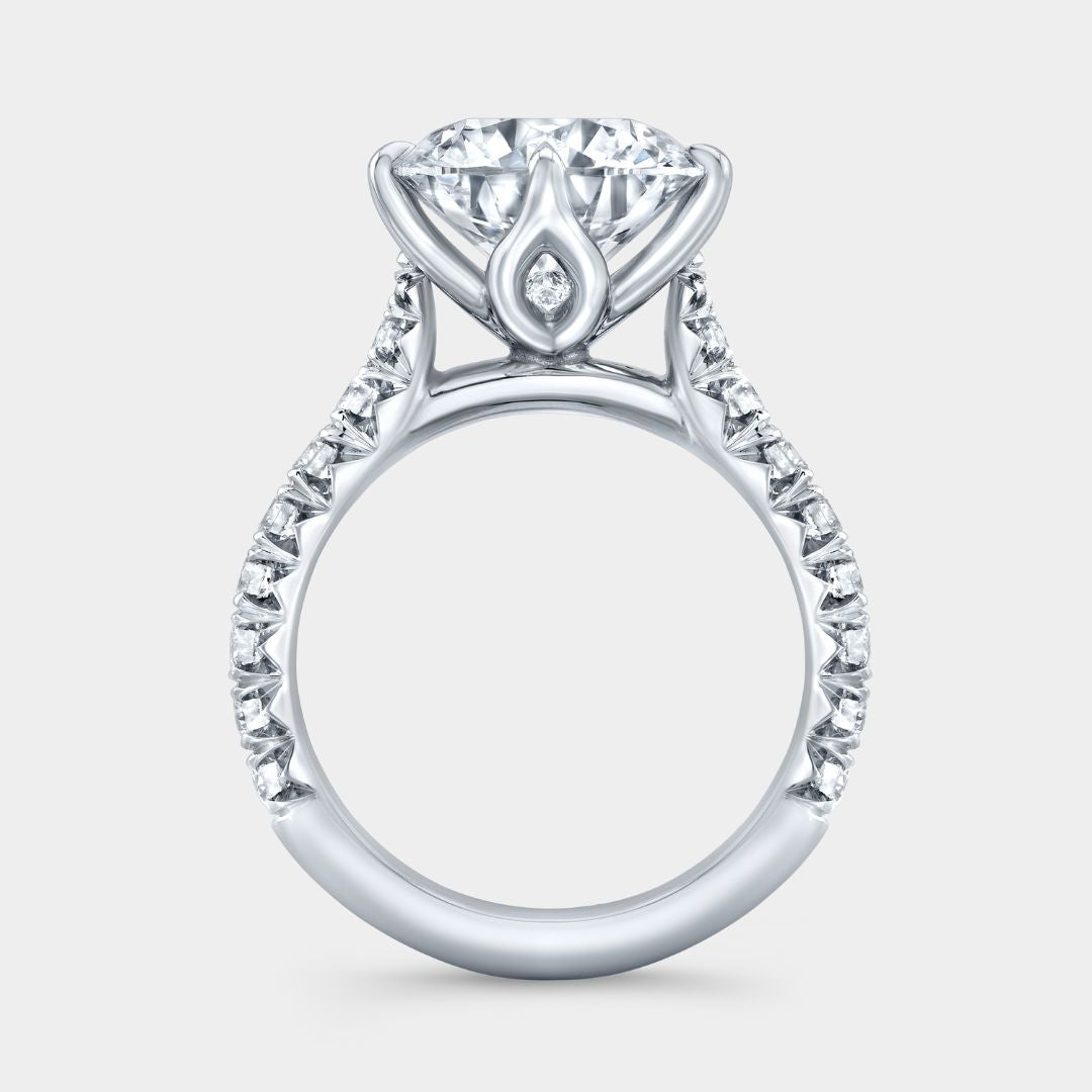 Round Diamond North South Prong Tulip Tapered Cathedral French Pave Platinum Engagement Ring