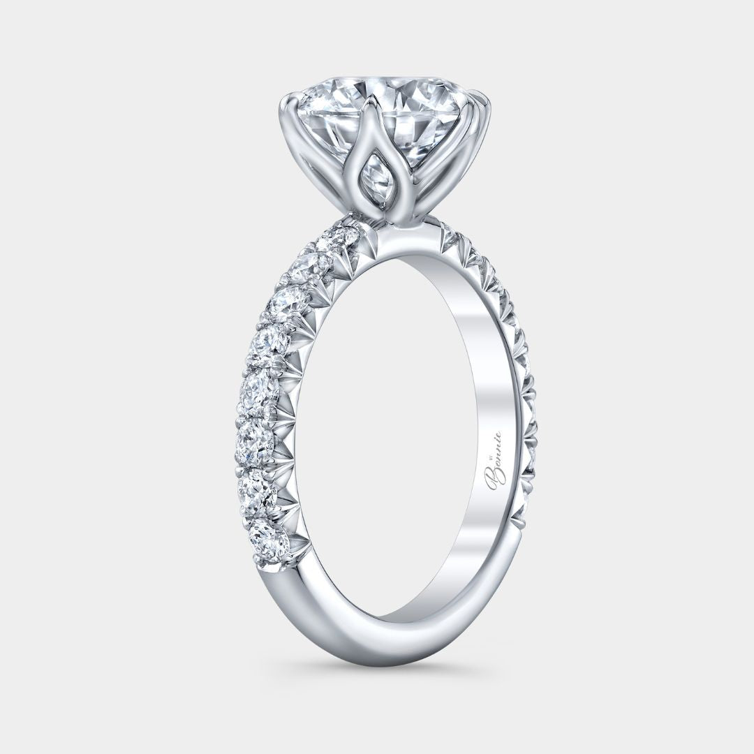 Round Diamond Tulip French Pave Platinum Engagement Ring