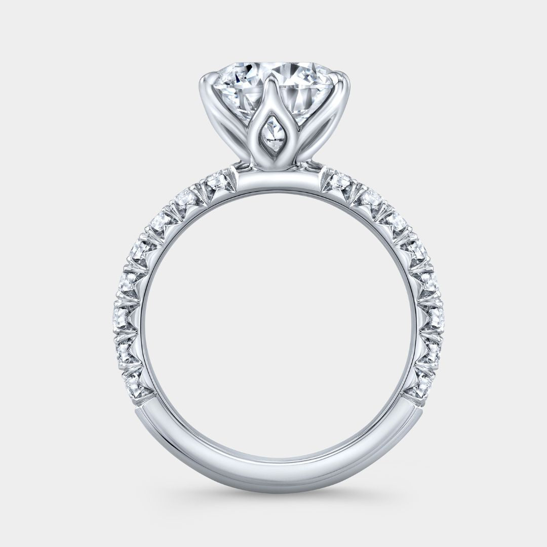 Round Diamond Tulip French Pave Platinum Engagement Ring