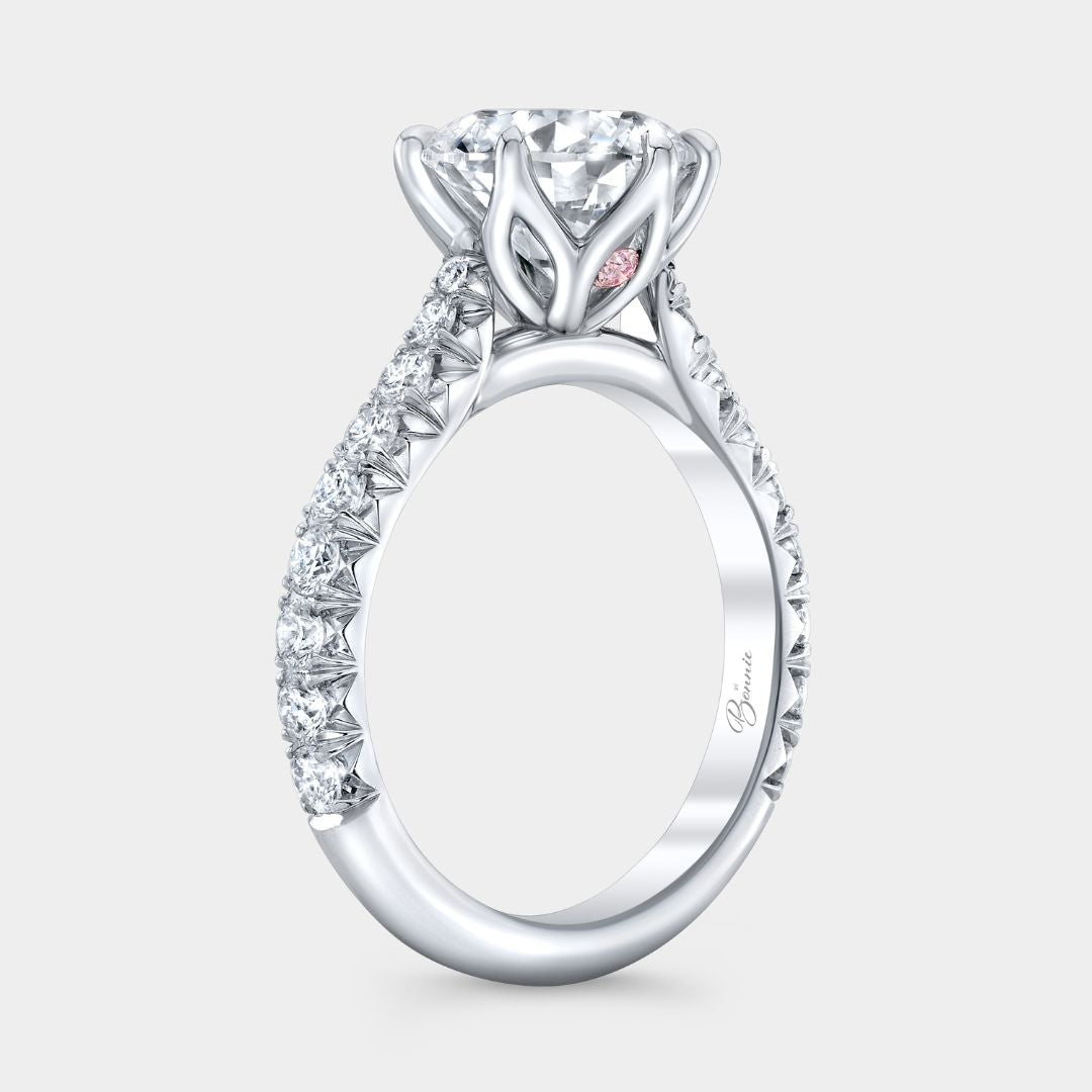 Round Diamond Tulip With Peekaboo Pink Diamond French Pave Platinum Engagement Ring