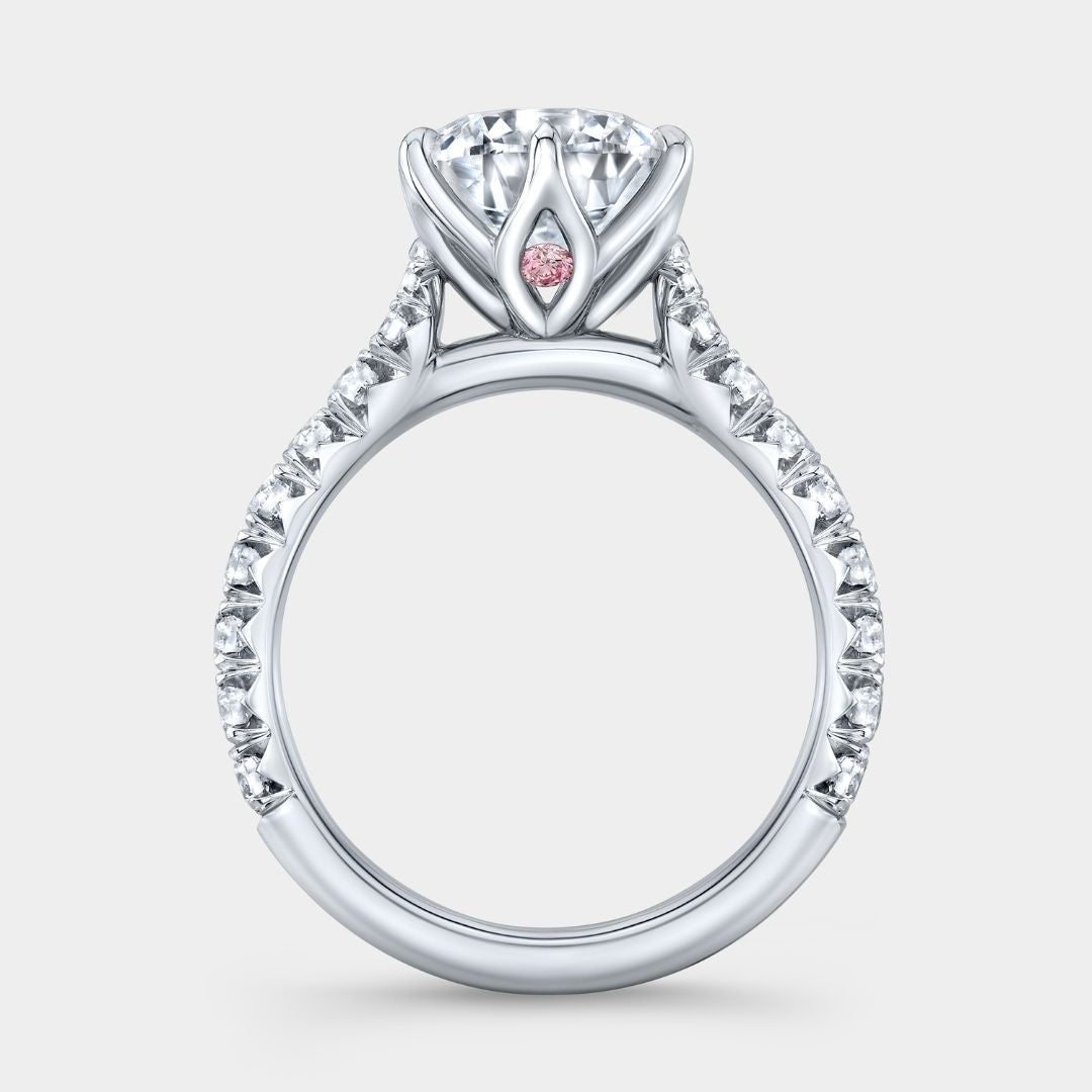 Round Diamond Tulip With Peekaboo Pink Diamond French Pave Platinum Engagement Ring