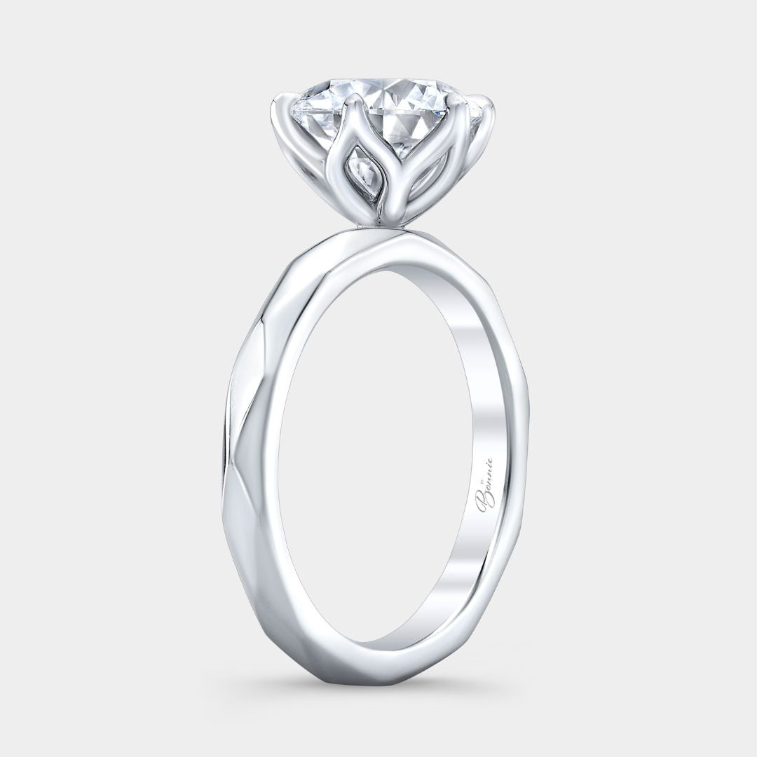 Round Diamond Geometric Faceted Solitaire Platinum Engagement Ring