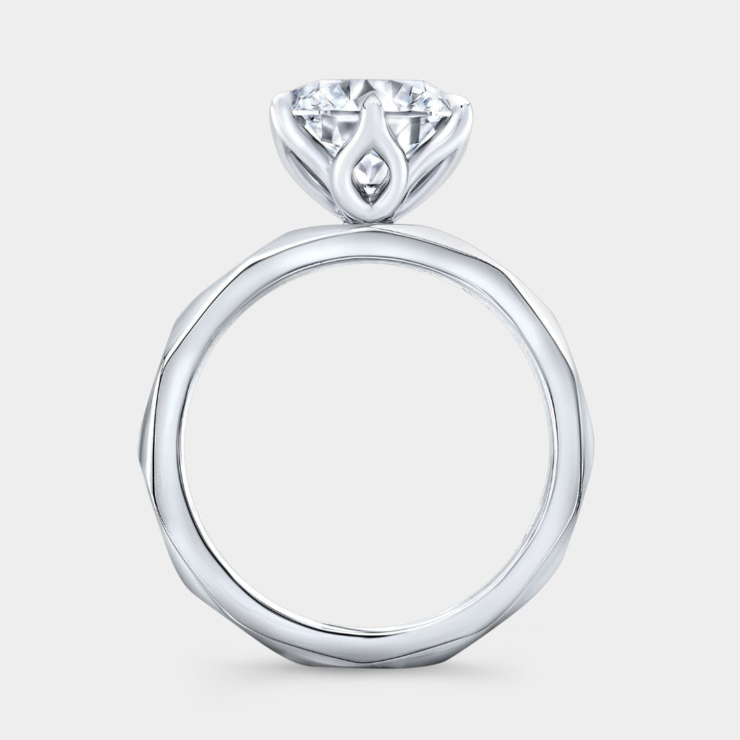Round Diamond Geometric Faceted Solitaire Platinum Engagement Ring
