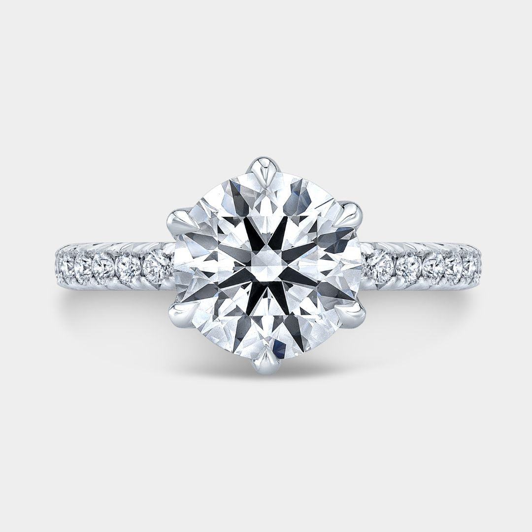Round Diamond 6 Prong Low Cathedral French Pave Platinum Engagement Ring
