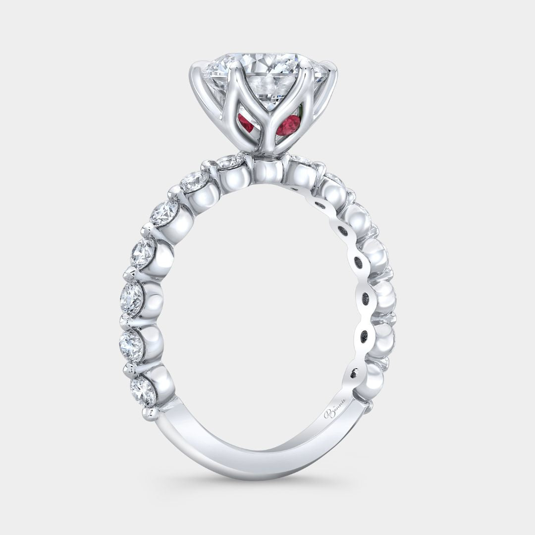 Round Diamond Tulip Shared Prong With Ruby Platinum Engagement Ring