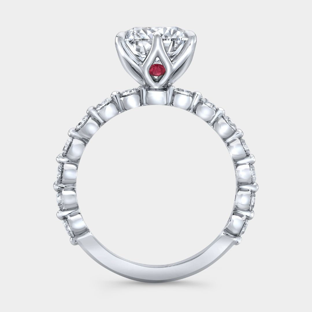 Round Diamond Tulip Shared Prong With Ruby Platinum Engagement Ring