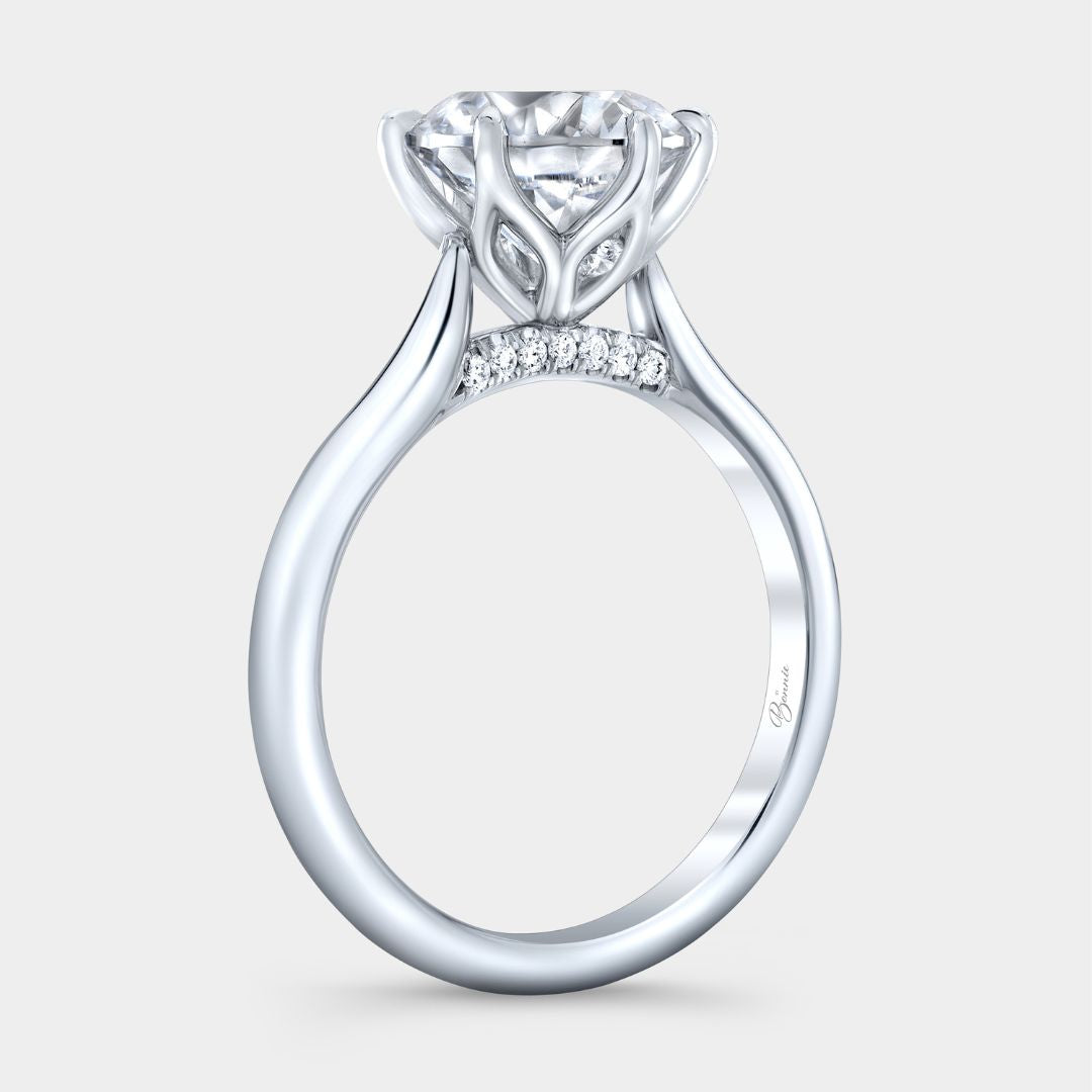 Round Diamond 6 Prong Tulip Cathedral With Diamond Bridge And Peekaboo Accents Platinum Engagement Ring