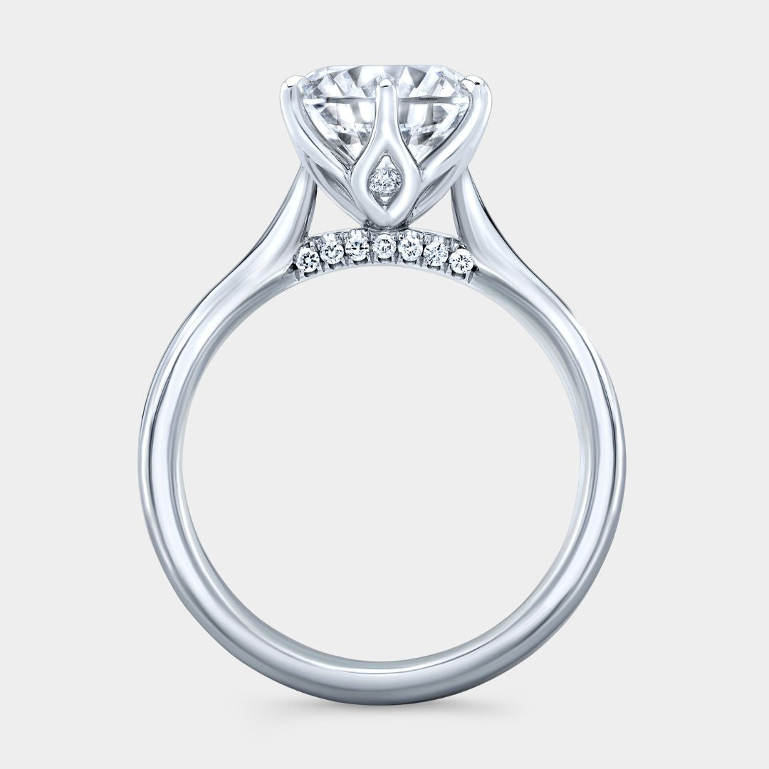 Round Diamond 6 Prong Tulip Cathedral With Diamond Bridge And Peekaboo Accents Platinum Engagement Ring