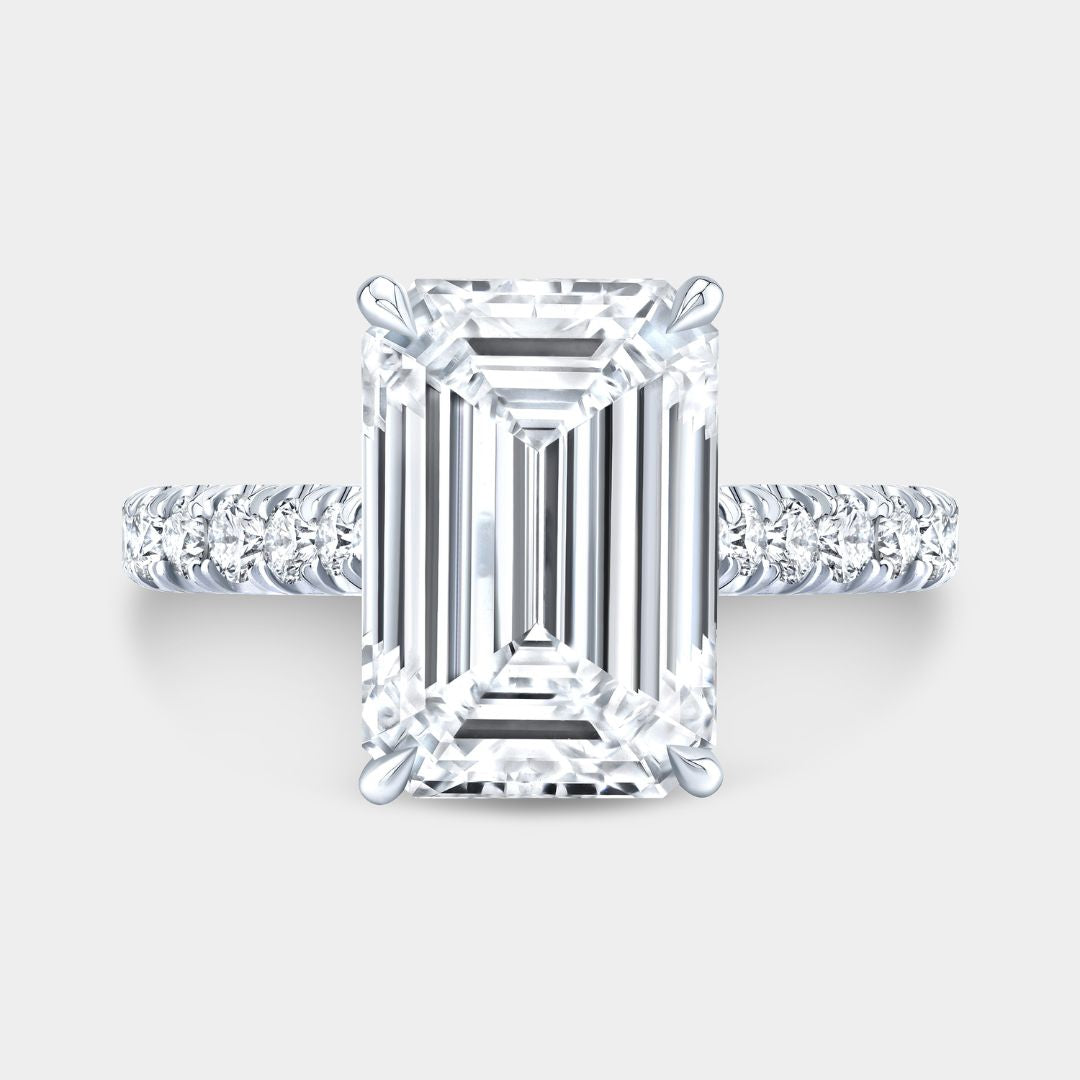 Emerald Diamond Tapered Cathedral Hidden Halo U Pave Platinum Engagement Ring