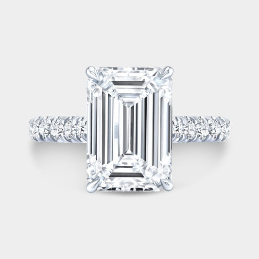 Emerald Diamond Tapered Cathedral Hidden Halo U Pave Platinum Engagement Ring
