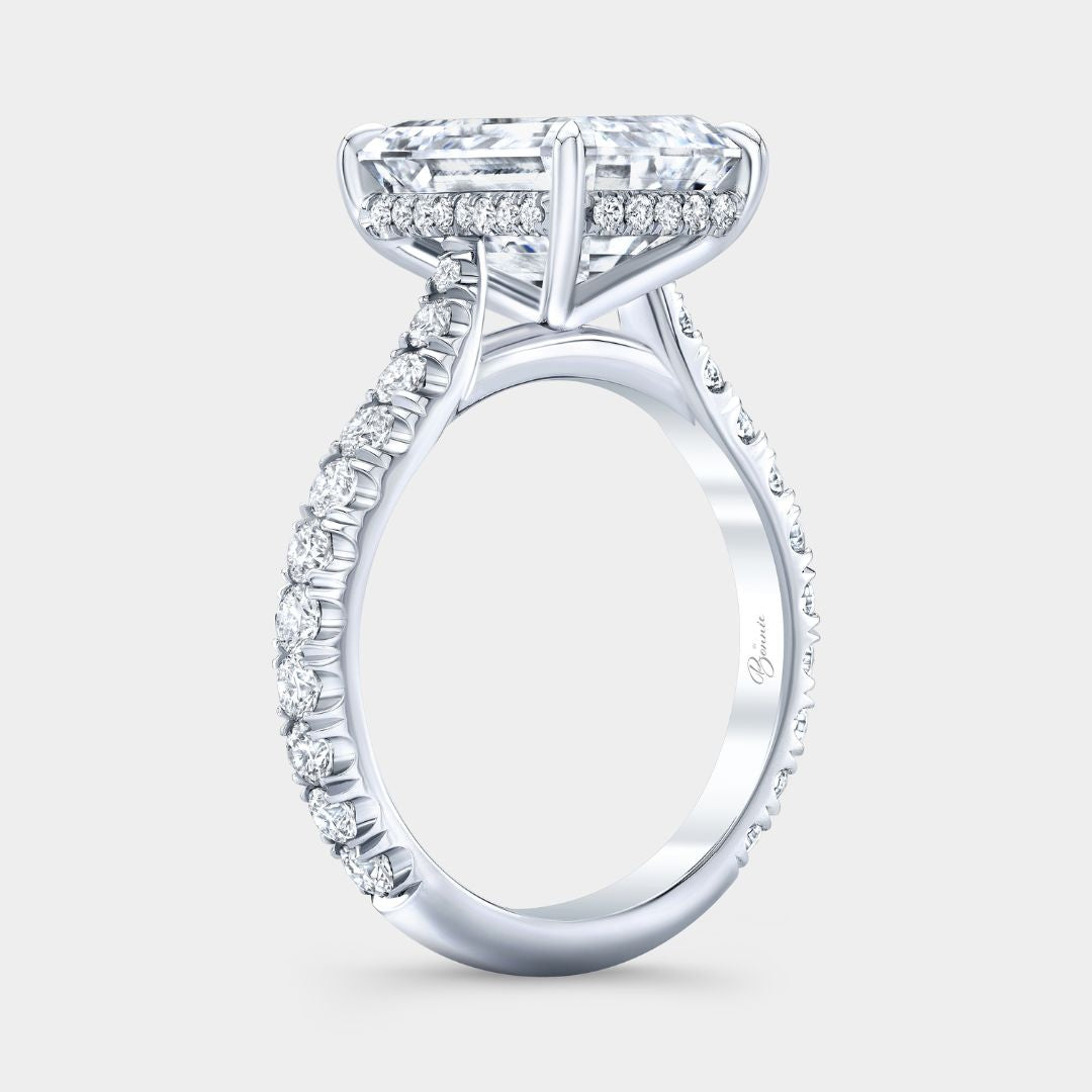Emerald Diamond Tapered Cathedral Hidden Halo U Pave Platinum Engagement Ring