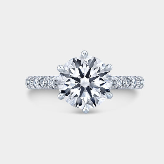 Round Diamond 6 Prong Low Tapered Cathedral French Pave Platinum Engagement Ring