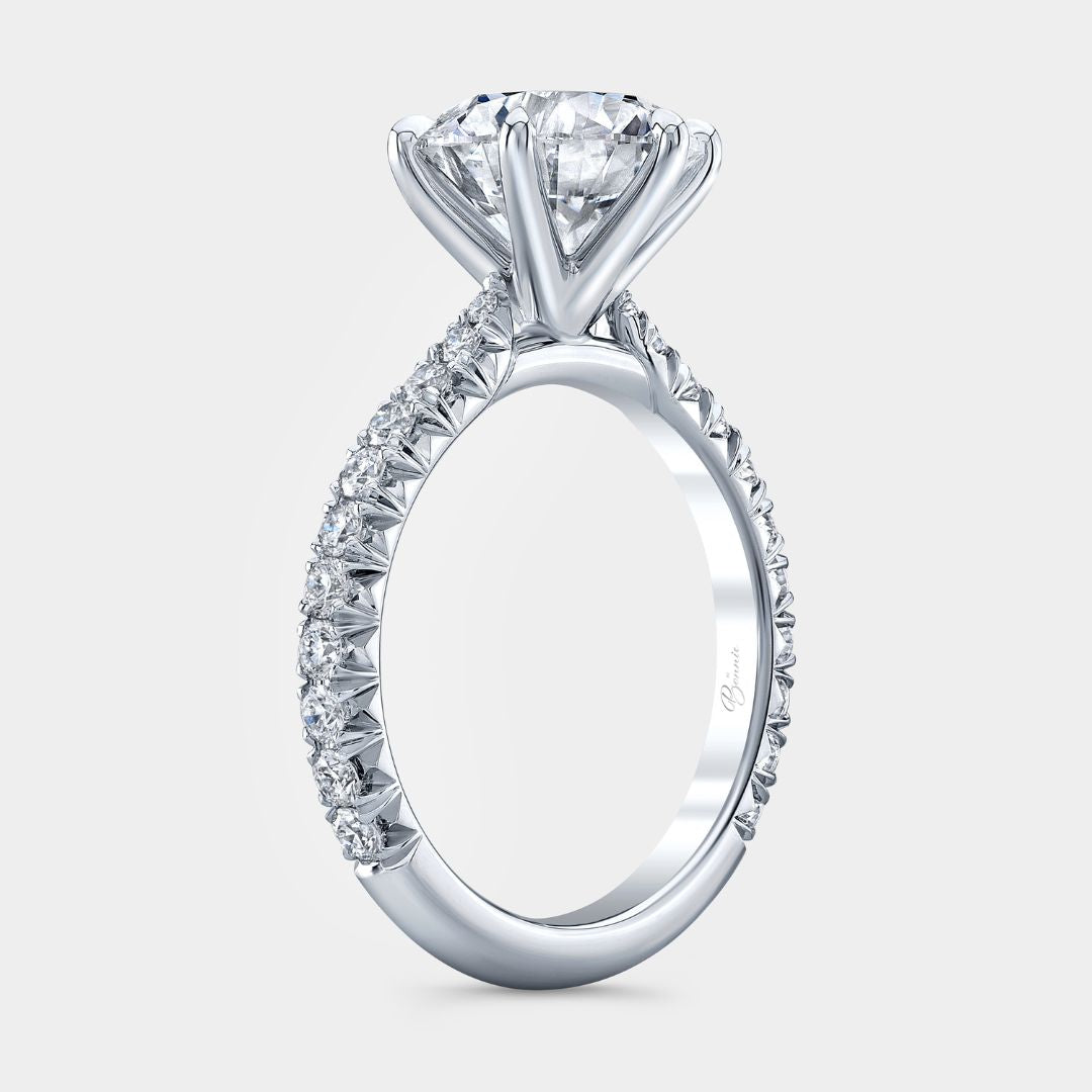 Round Diamond 6 Prong Low Tapered Cathedral French Pave Platinum Engagement Ring