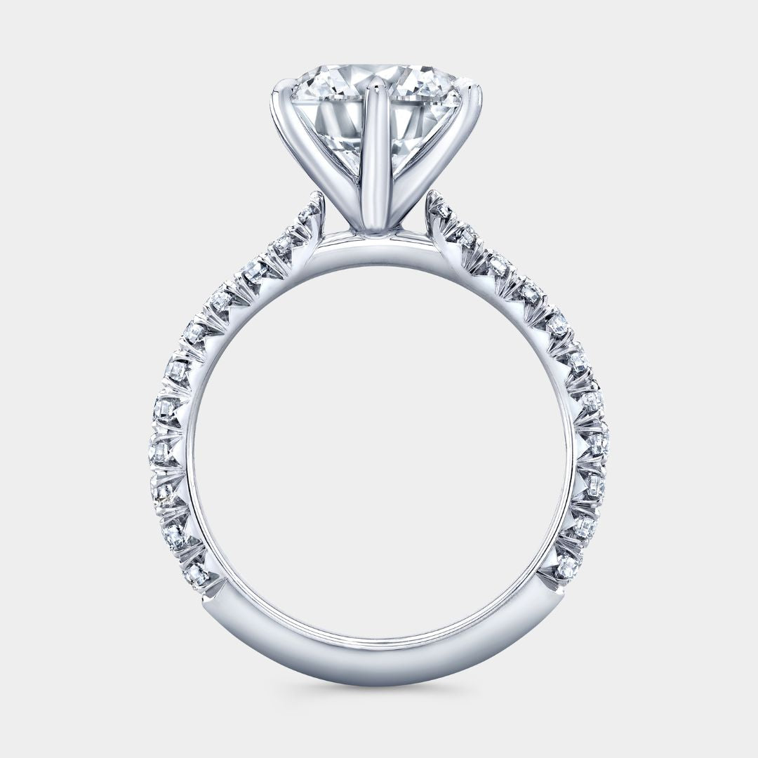 Round Diamond 6 Prong Low Tapered Cathedral French Pave Platinum Engagement Ring