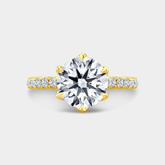 Round Diamond 6 Prong Tulip U Pave Yellow Gold Engagement Ring